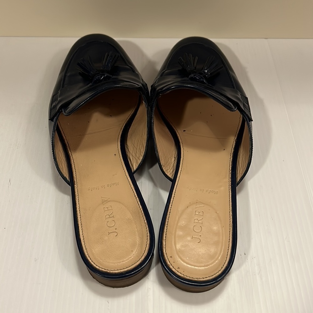 J Crew Leather Patent Navy Mules Loafers with Tassel size 9.5 - gently used - Picture 4 of 15